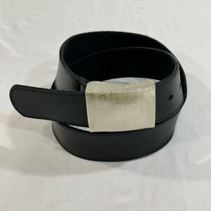 Jamie Leather Belt 34‎ Mens Black Silver Plaque Buckle Made in USA Minimalist